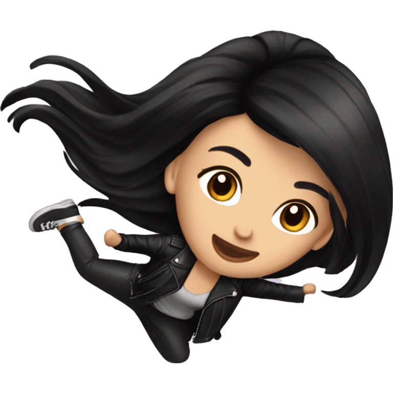 Beautiful girl with black hair and black leather jacket doing a hair flip emoji