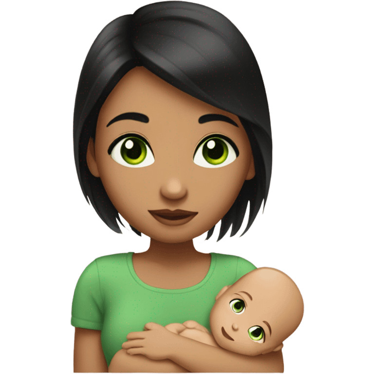 Girl with black hair and green eyes holding baby  emoji