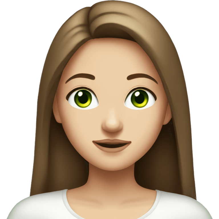 beautiful girl with long brown straight hair and green eyes and a white top emoji