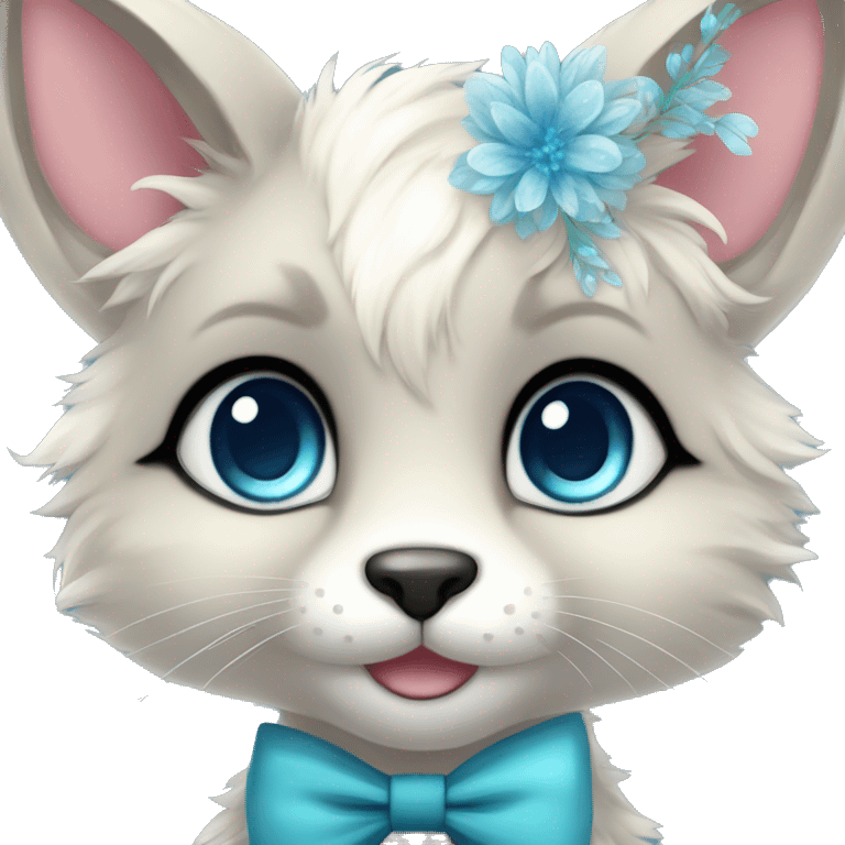 Anthro Cute Cool Kawaii gorgeous sparkly ethereal fantasy animal creature with blue eyes furry sona with flowers and bow tie beautiful aesthetic emoji