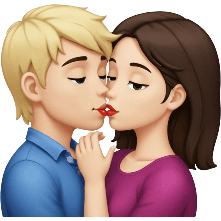 blonde boy and brunette girl kissing emoji