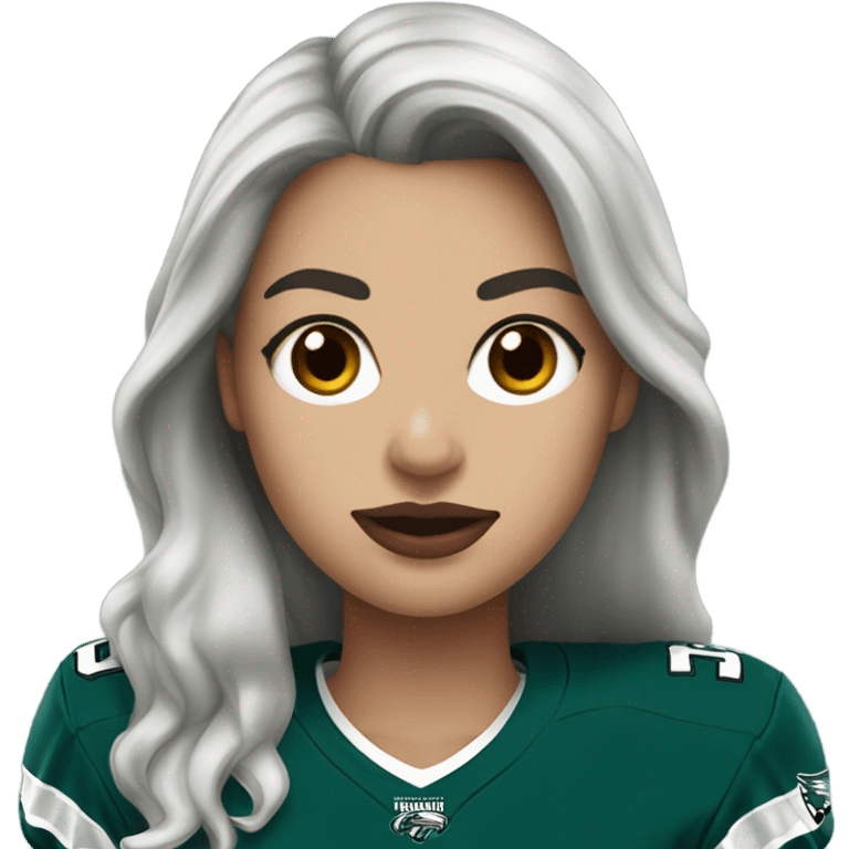 White female long dark hair red lips wearing Philadelphia Eagles jersey emoji