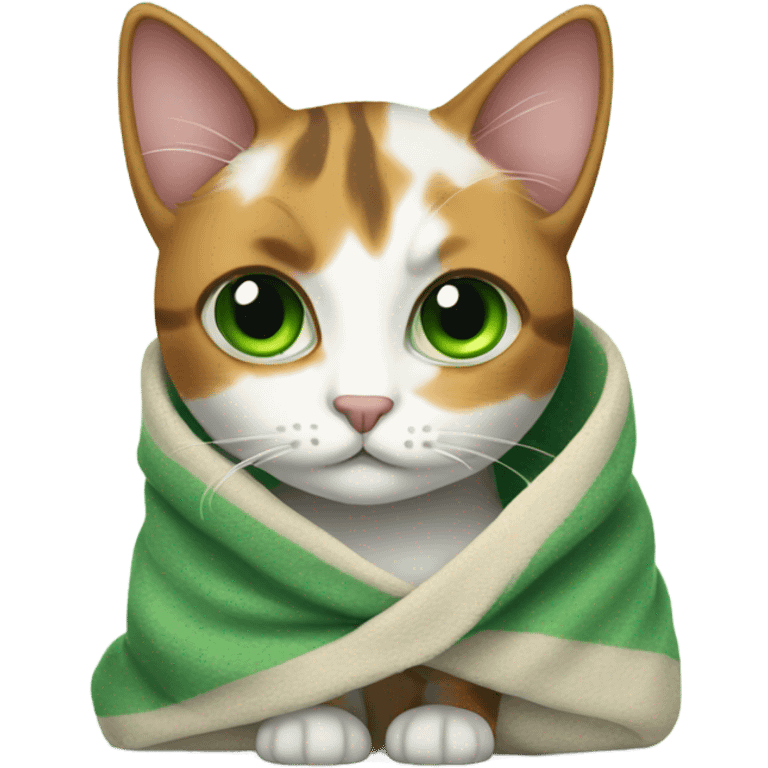 Calico cat with green eyes wrapped in a blanket emoji