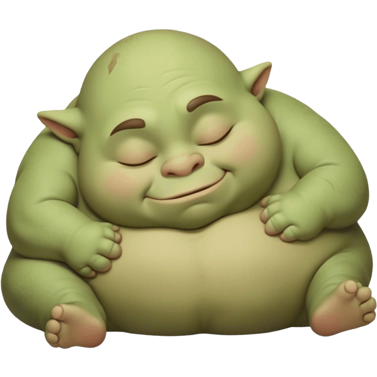 Meme-Worthy Cute Sleeping Ogre Portrait Emoji, with a surprisingly endearing, plump figure in soft earthy greens and browns, head drooping gently with closed, relaxed eyes and a content, sleepy grin, simplified yet adorably detailed, glowing with a soft warm outline that captures the peaceful slumber of a friendly ogre after a day of gentle mischief! emoji