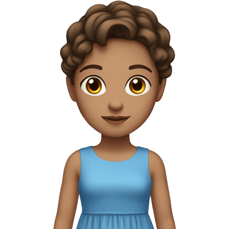 A brown haired girl with a brown eyes. with a beautiful with a beautiful blue dress on with a beautiful blue dress on. emoji