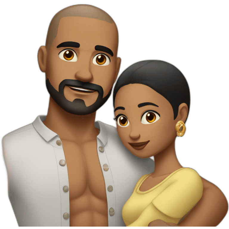 Shaved hair latino man with skin fade, detailed moustache and beard, cuddling a black woman with straight black hair and big earrings emoji