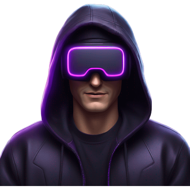 Russian man wearing a black hoodie with "OMG" letters on it and VR headset in a cyberpunk VR environment with violet neon lighting. emoji