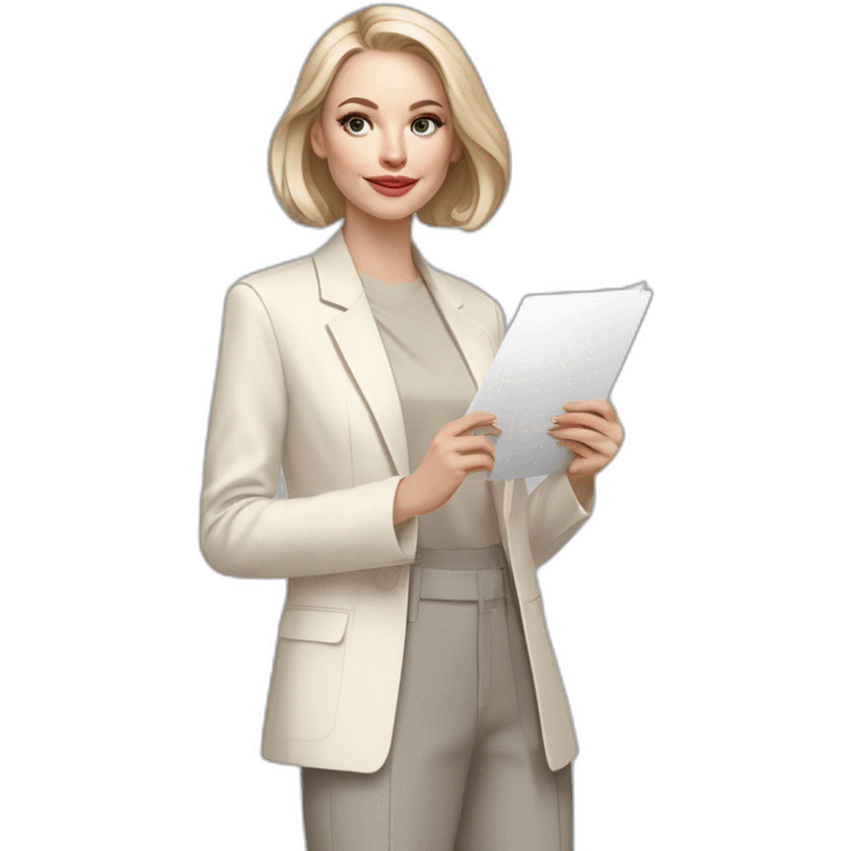 pale skin woman with ash blonde Straightened bob Hair, White Spacious classical jacket, beige palazzo Arrow pants and gray blouse holding a color palette in the hands emoji