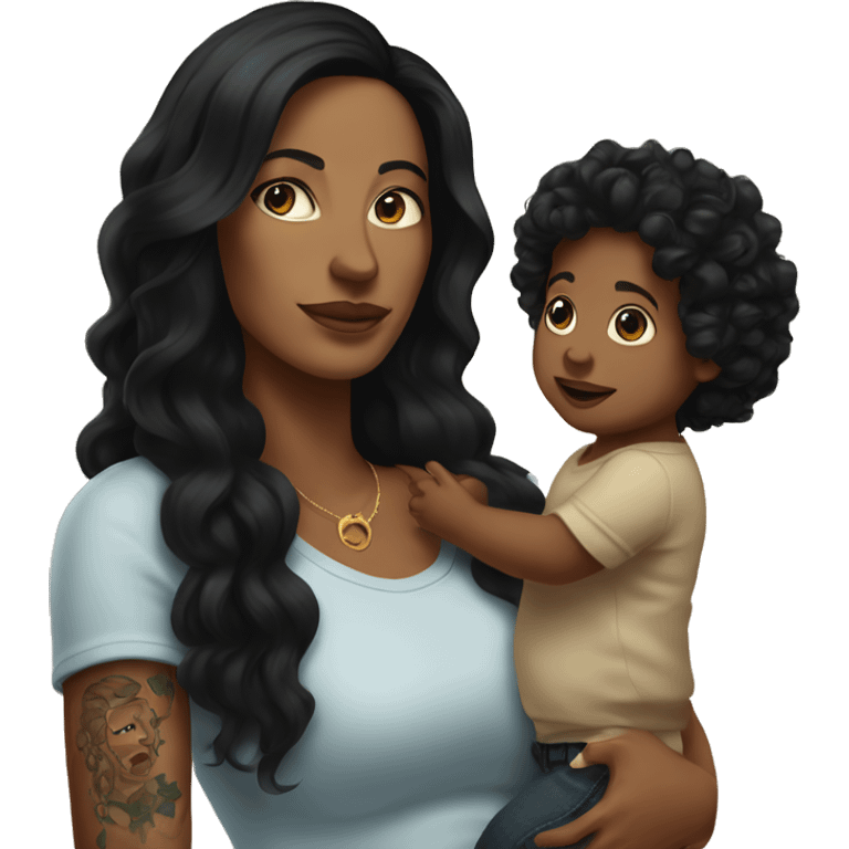 White mom with tattoos on arm with long black hair holding a baby boy with dark brown curly hair  emoji