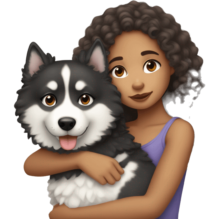 Biracial girl with curly hair cuddling a husky emoji