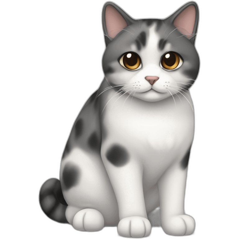 senior chubby diluted calico cat, white chin, black nose, grey ears, grey and white emoji