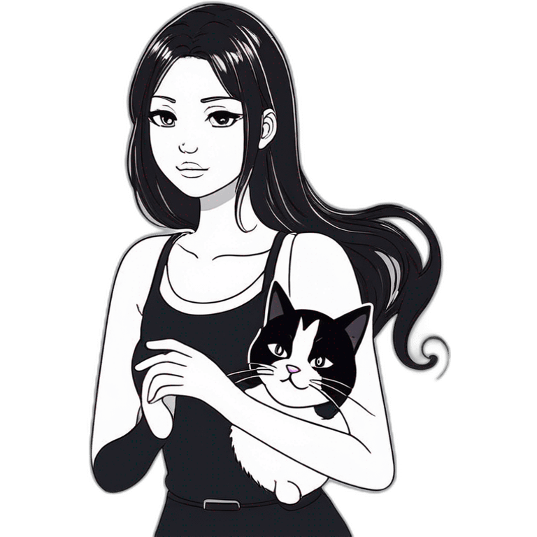 girl with black hair and black and white cat emoji