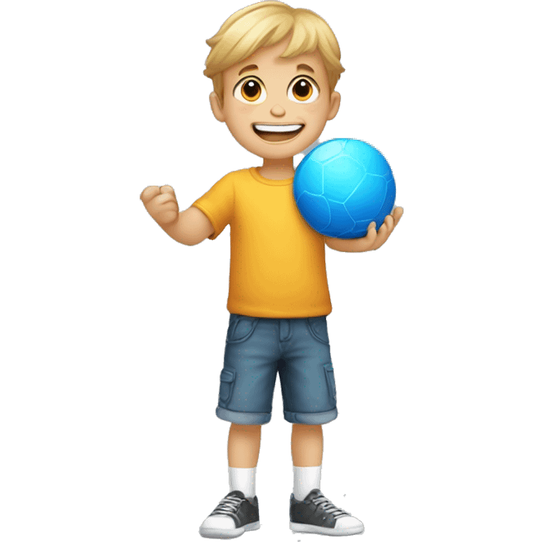 sticker without background, child holding a ball in his hand, smile, fun emoji