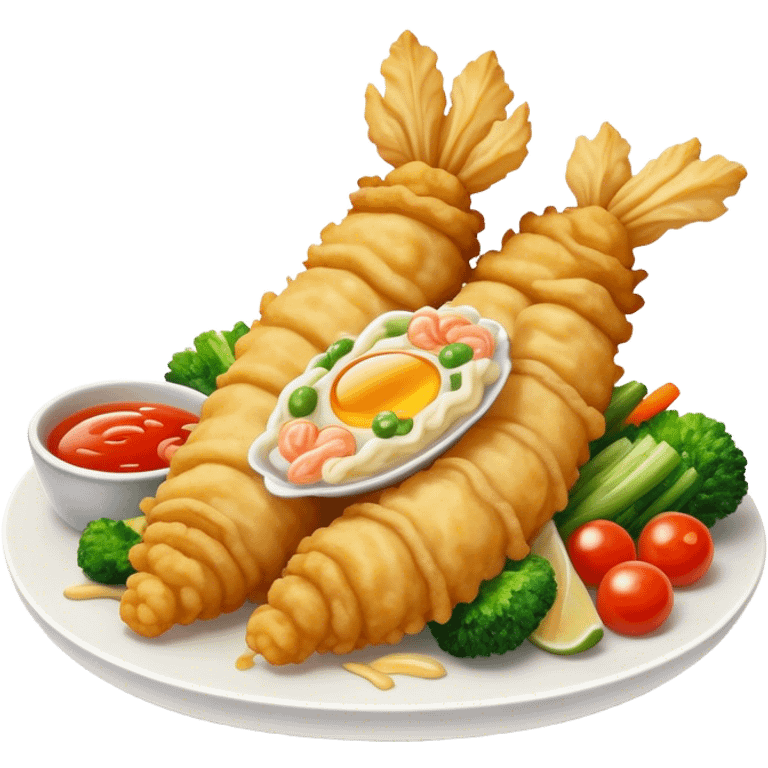 Cinematic Realistic Tempura Dish Emoji, depicted as lightly battered and fried seafood and vegetables rendered with delicate textures and crisp, inviting lighting. emoji