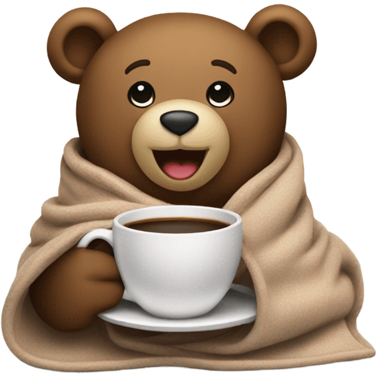 a teddy happy bear wrapped in a blanket drinks coffee emoji