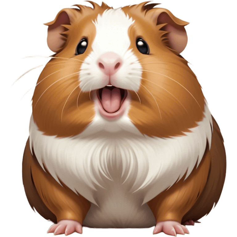 Cinematic Cute Yawning Brown and White Banded Guinea Pig Portrait Emoji, Head tilted slightly with a dramatic, wide-open yawn, revealing a soft, banded fur of brown and white with tiny, droopy ears, round dark eyes barely open in drowsy contentment, Simplified yet irresistibly adorable features, highly detailed, glowing with a soft, cozy glow, high shine, relaxed yet expressive, stylized with a touch of whimsy, bright and endearing, soft glowing outline, capturing the essence of a sleepy yet affectionate guinea pig, so drowsy it feels like it could stretch out of the screen and curl up for a nap! emoji