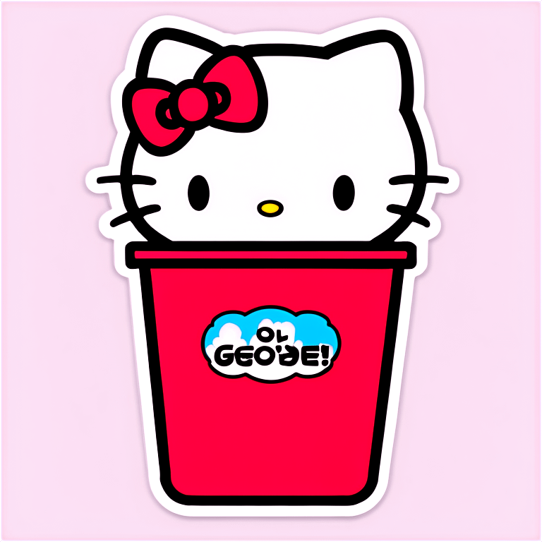 A trash bin that says on text GOODBYEEEE with hello Kitty in it emoji