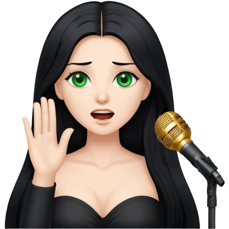 Beautiful lady with long black hair and green eyes singing emoji