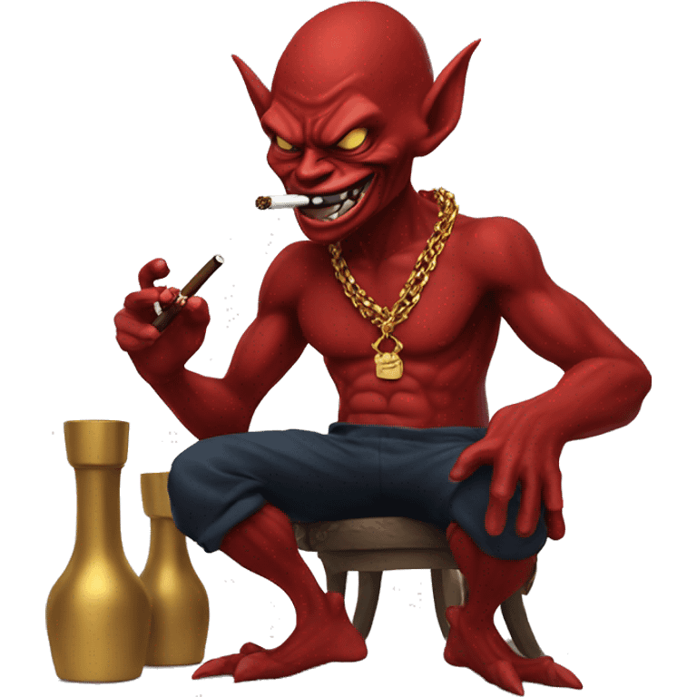 red goblin, wearing a gold chain while smoking a cigar at night emoji