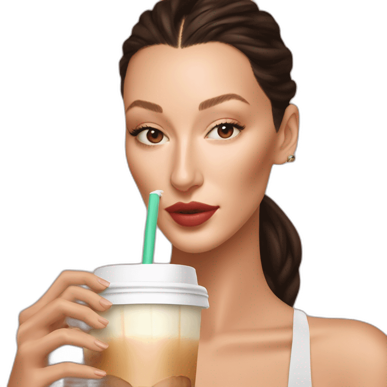 Bella Hadid drinking ice latte emoji