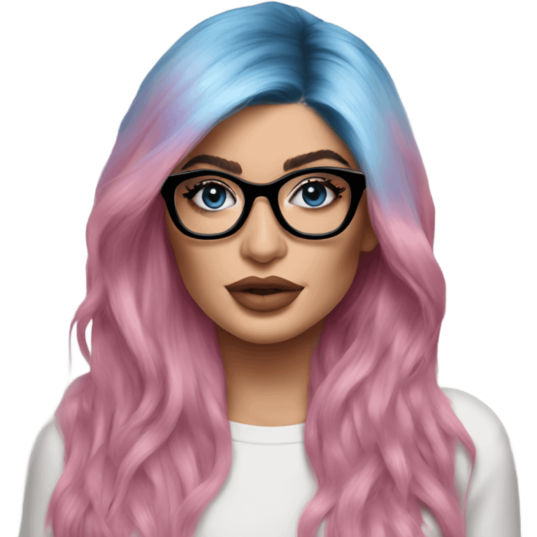 Photo Realistic kylie jenner stylish pink hair BLUE eyes and glasses posing  emoji