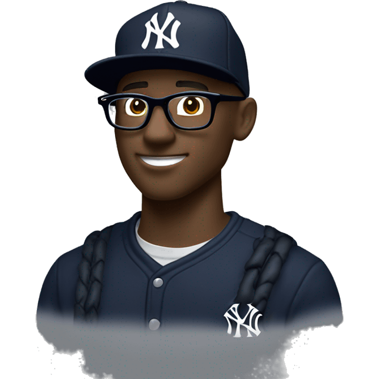 A black male with glasses and put on a jumper and New York Yankees MLB Authentic Collection 59FIFTY Cap for Unisex Adults emoji