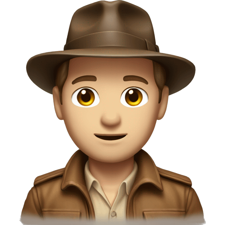 White skin Indiana Jones with a brown jacket and a brown hat, brown hair, beige shirt emoji