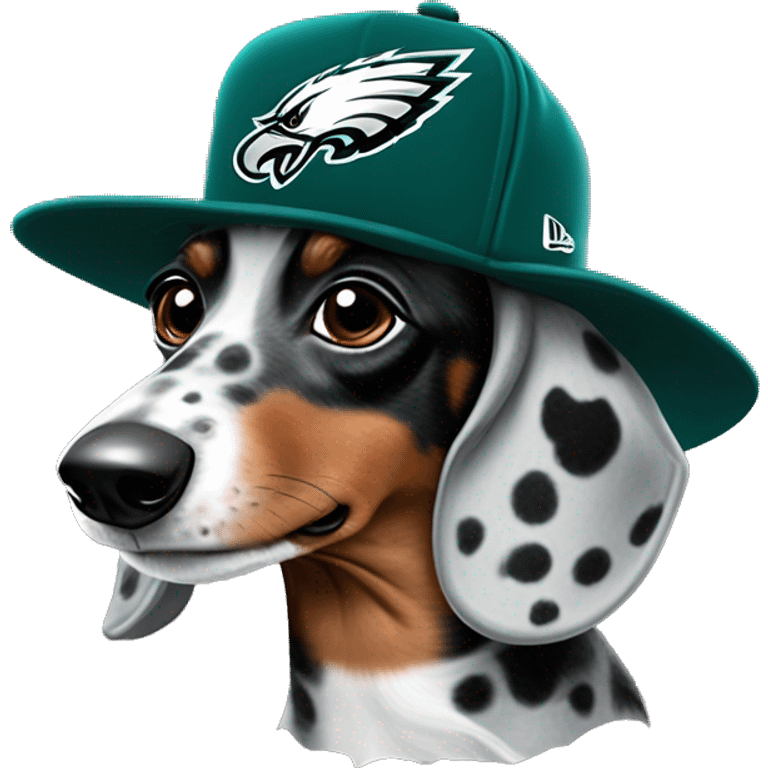 Miniature Blue Merle  Light Tri Brown and Black Spotted Dachshund wearing Philadelphia Eagles Hat with C on it emoji