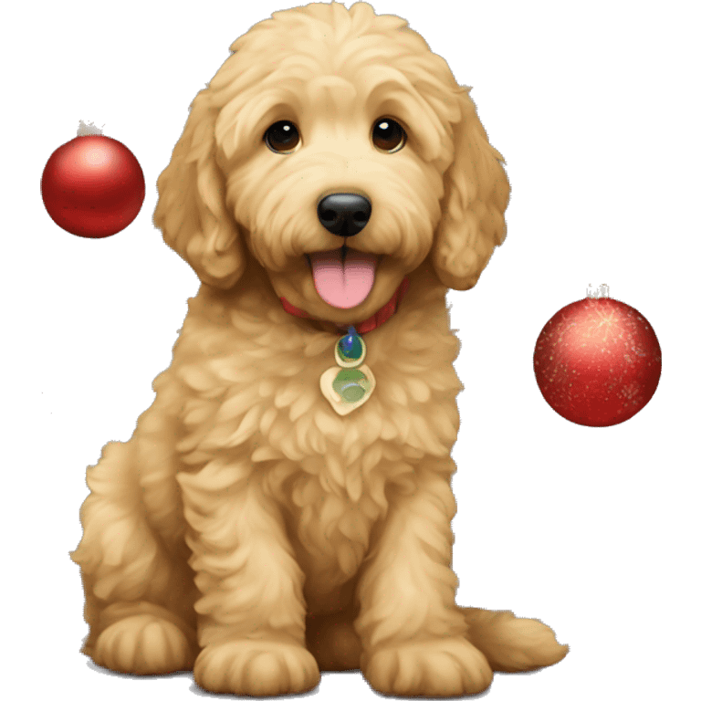 golden doodle puppy under christmas tree  emoji