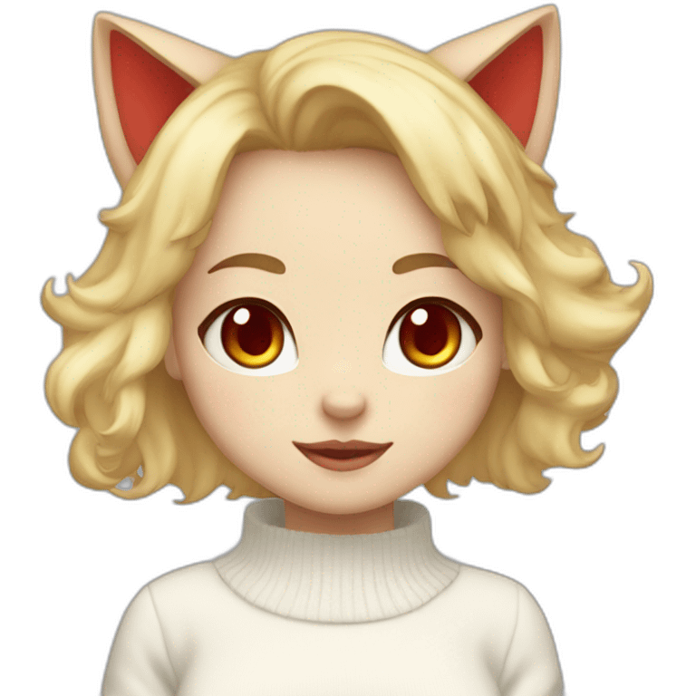 blonde-haired cat girl massive dome red eyes, cheeky expression, wearing a white sweater and a blue skirt emoji