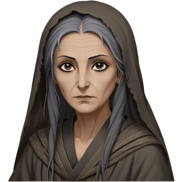 Mirri Maz Duur is a weathered, age 55 Lhazareen woman with deep-set dark eyes, high cheekbones, and a sharp nose, giving her a stern, knowing expression. Her long, unkempt dark hair streaked with gray falls loosely over her shoulders, and her earth-toned, tattered robes mark her as a humble healer. Despite her frail appearance, she exudes an aura of mystery and menace, her hands stained with herbs and blood from both healing and dark sorcery. emoji