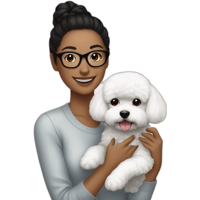 woman-black-hair-bun-with glasses-with bichon dog-white-smile-Christmas emoji