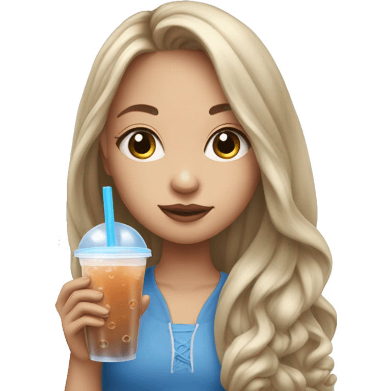 Girl with long hair and blue eyes drinking bubble tea emoji