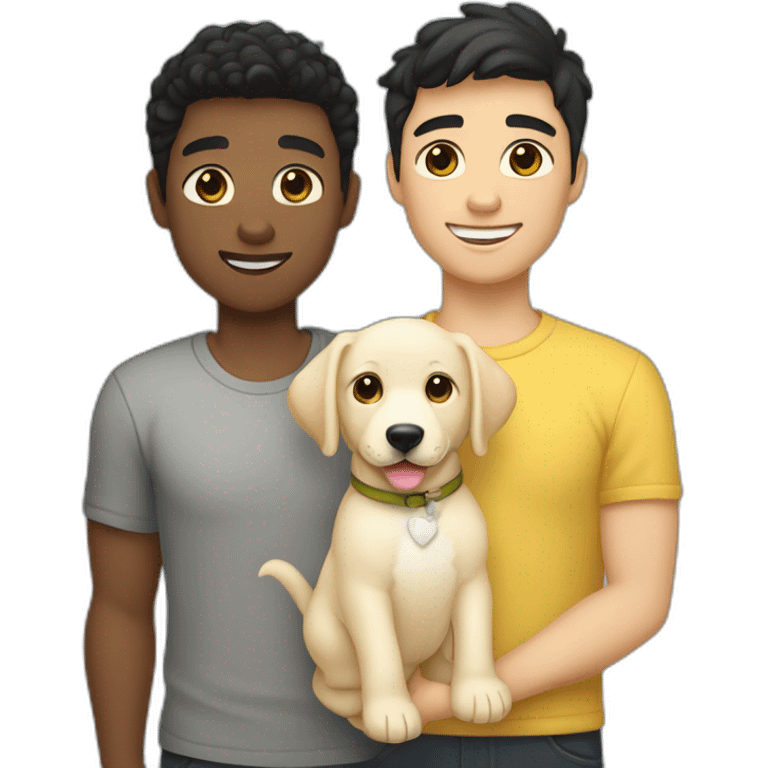 gay couple, 1st man is white straight australian blackhair-slightly-curly and 2nd man is white straight australian blackhair-holding one light yellow labrador retriever puppy emoji