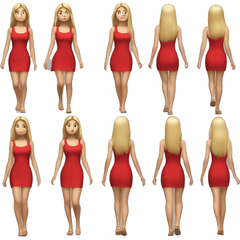 hyperrealistic caucasian blonde, long straight hair, ver, walking body view short tight red dress, walking view emoji