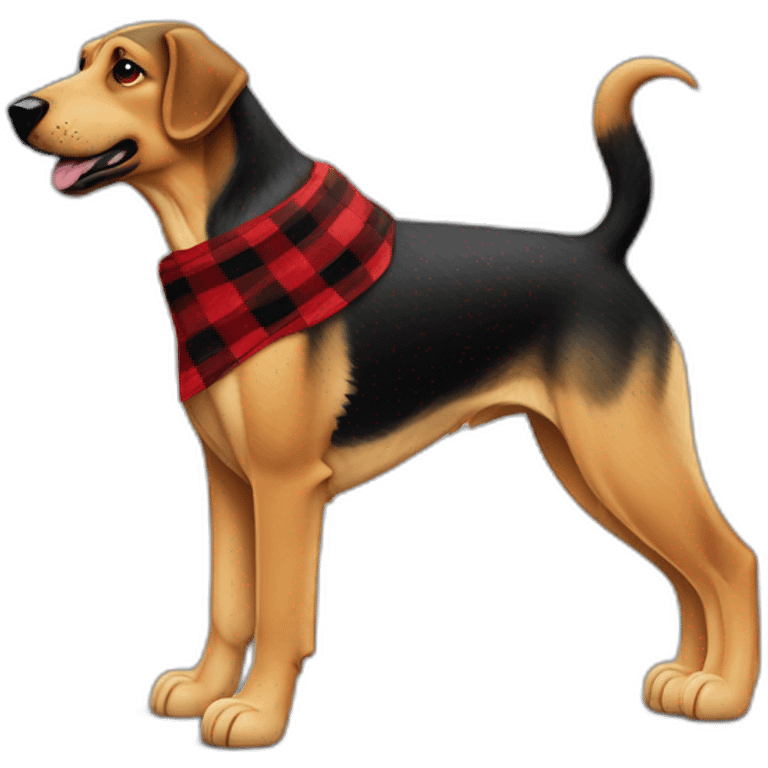 adult 75% Coonhound 25% German Shepherd mix dog with visible tail wearing small pointed red buffalo plaid bandana full body walking left quickly emoji