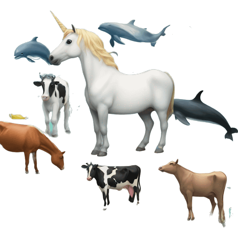 Unicorn and dolphins and cows in the ocean emoji