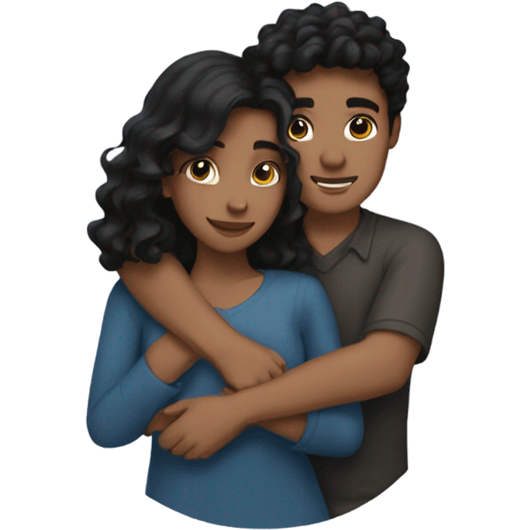 black hair girl with wavy hair hugging brunette boy lovingly couple emoji