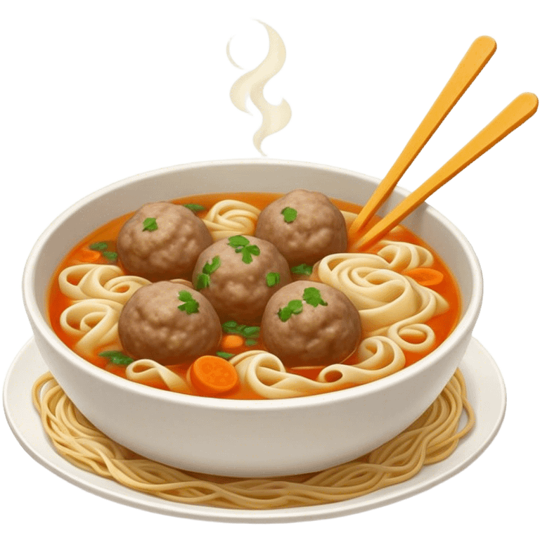 Cinematic Realistic Bakso Dish Emoji, showcasing savory meatball soup with noodles rendered with detailed textures and warm, inviting lighting. emoji