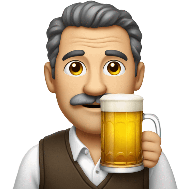 "A middle-aged man with a round face, a bushy mustache, and a jovial yet greedy expression. He wears a vest over a white shirt, holding a mug of beer, standing in a cozy tavern." emoji