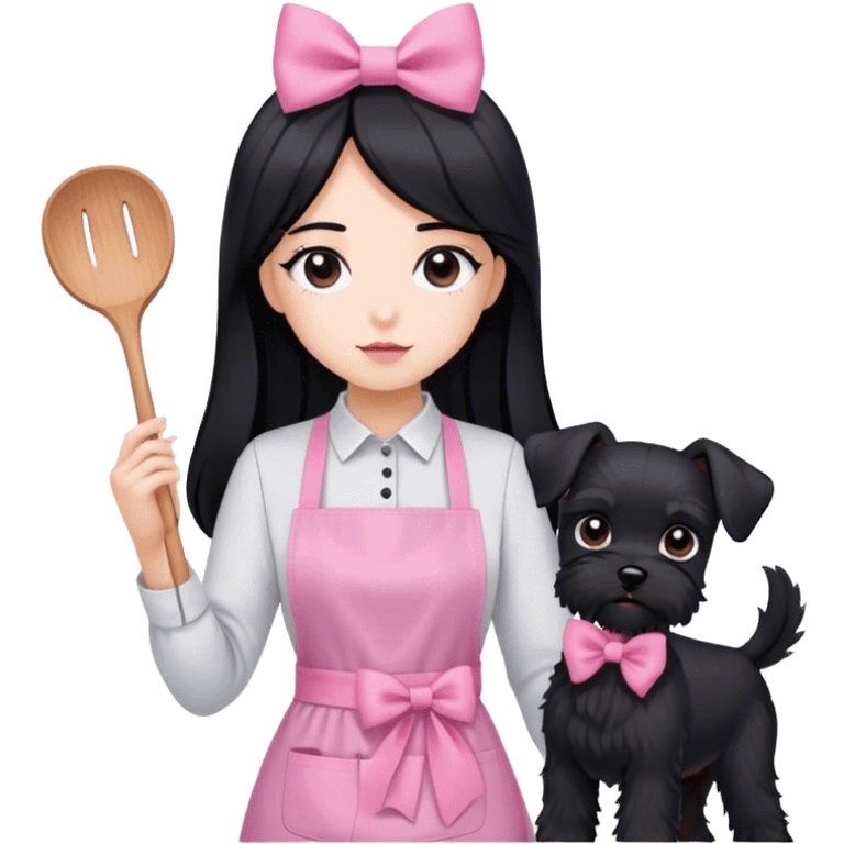 pale girl with LONG BLACK HAIR wearing black long shirt wearing apron holding black  schnauzer pink bow emoji