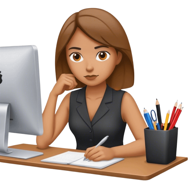 serious woman sitting at a desk, working hard emoji