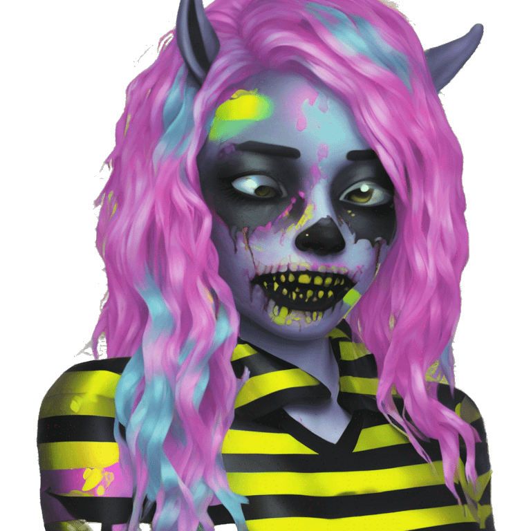 .Zombie_ Vaporwave black holographic oilslick zombie unicorn yellow caution tape and a vinyl emoji