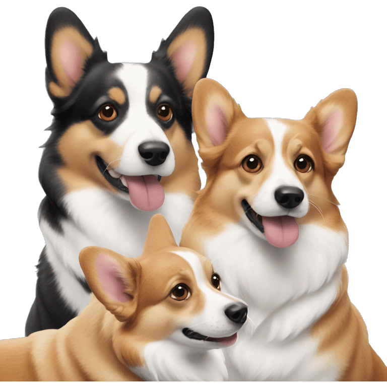 Three corgis. One is a red headed tri, one is a black headed tri, and one is a blue Merle with blue eyes emoji