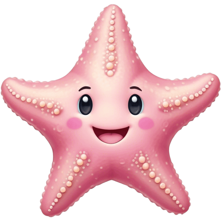 Cinematic cute round starfish, pastel pink, soft bumpy texture, tiny happy face, slightly tilted, glowing warmly, sparkling with gentle ocean magic. emoji