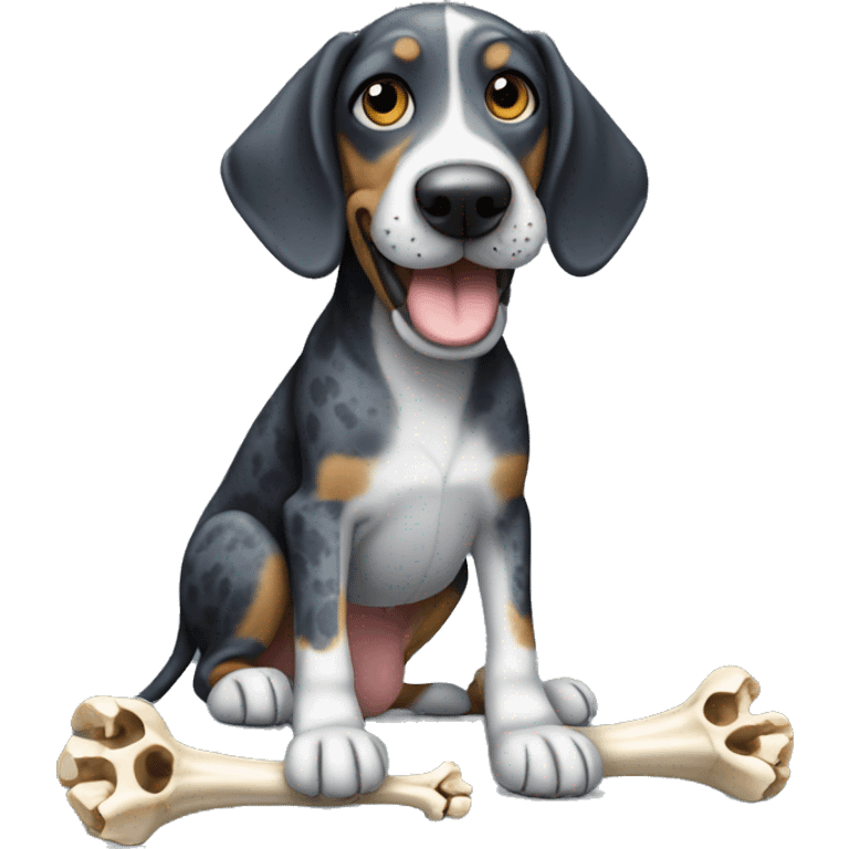 Miniature bluetick hound with a bone emoji