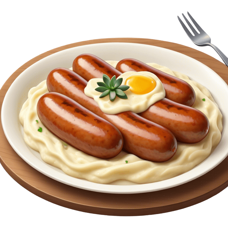 Cinematic Realistic Bangers and Mash Dish Emoji, featuring succulent pork sausages paired with creamy mashed potatoes rendered with detailed textures and natural highlights that emphasize its robust, hearty flavor. emoji