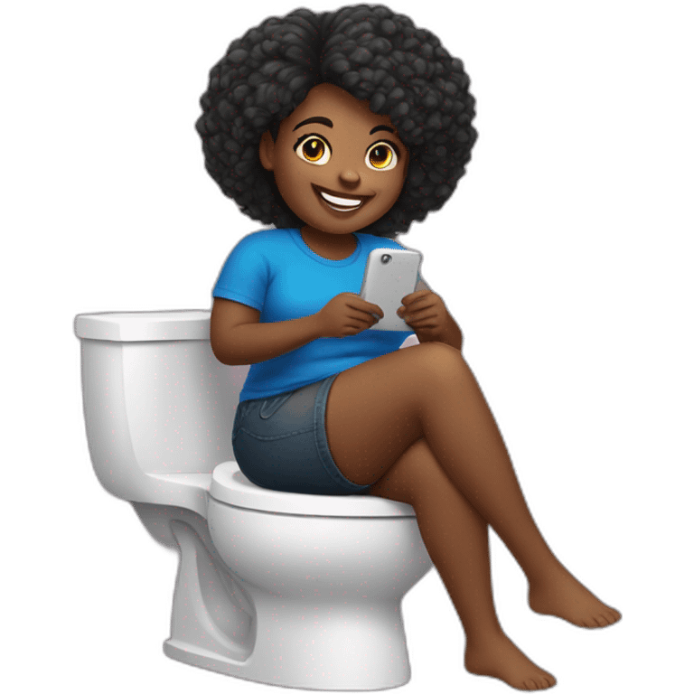 black chubby girl sitting on the toilet while texting and smiling hair emoji