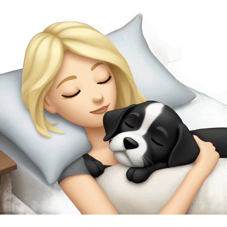 White girl blonde hair sleeping with black puppy emoji