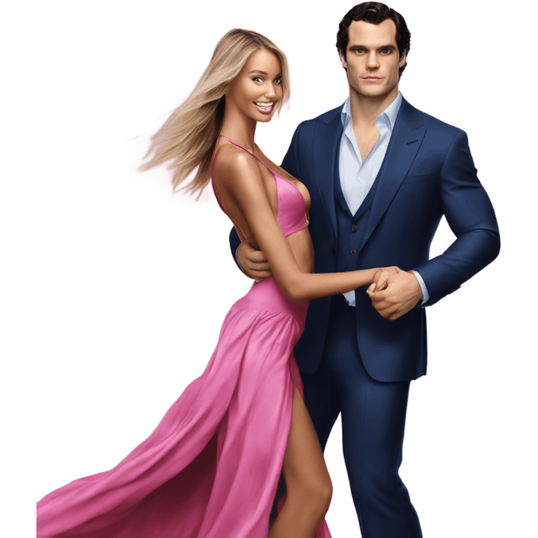 realistic photo of Henry Cavill close dancing with a beautiful  victoria secret model  emoji